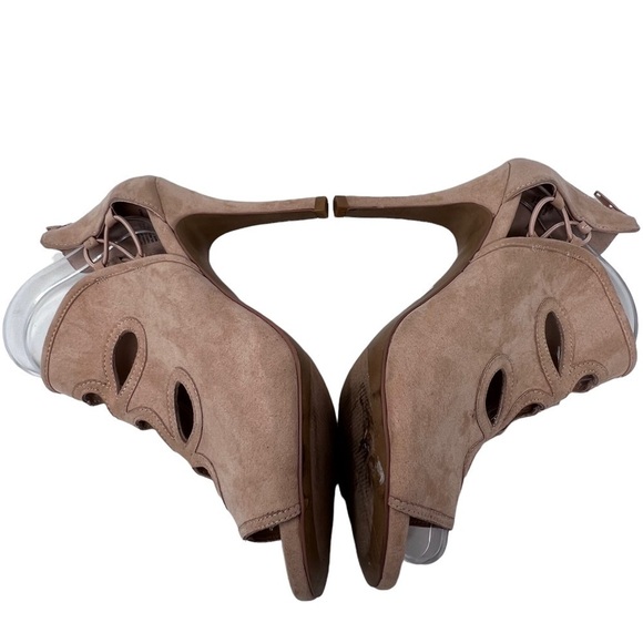 Torrid Beige Faux Suede Scallop Cut Out Open Toe Platform Stilettos Heels 10.5 - Picture 5 of 8